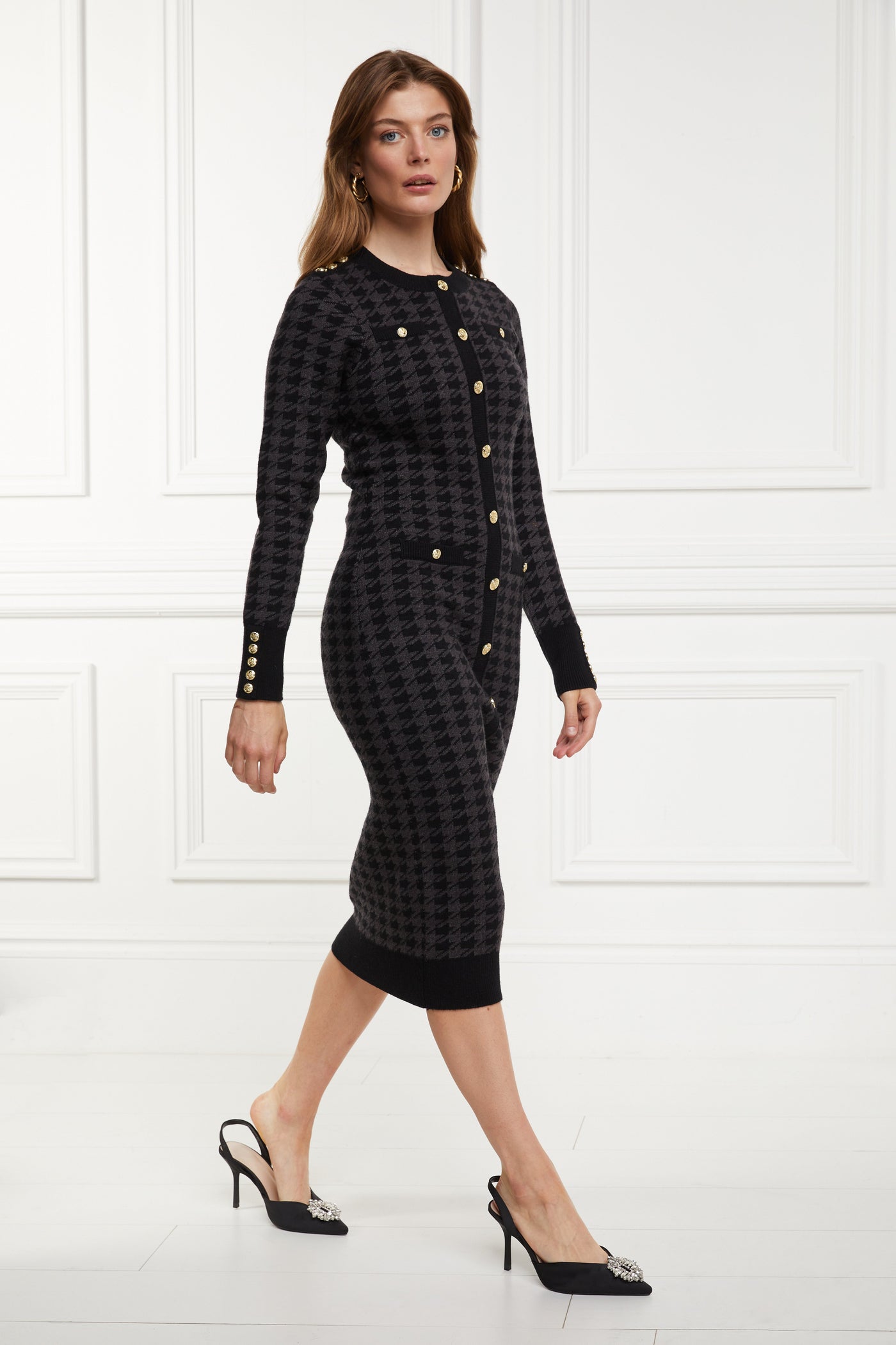 Hepburn Midi Dress (Grey Houndstooth)