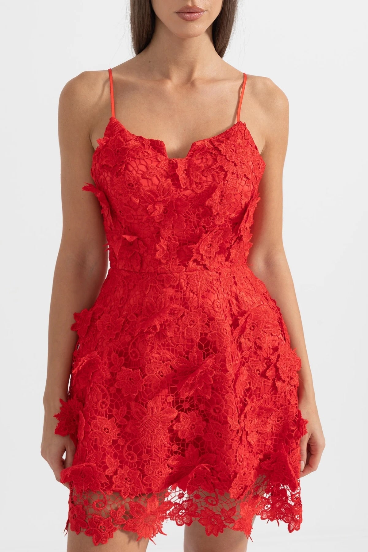 Elegant Mini Dress With Floral Lace Detailing - Red