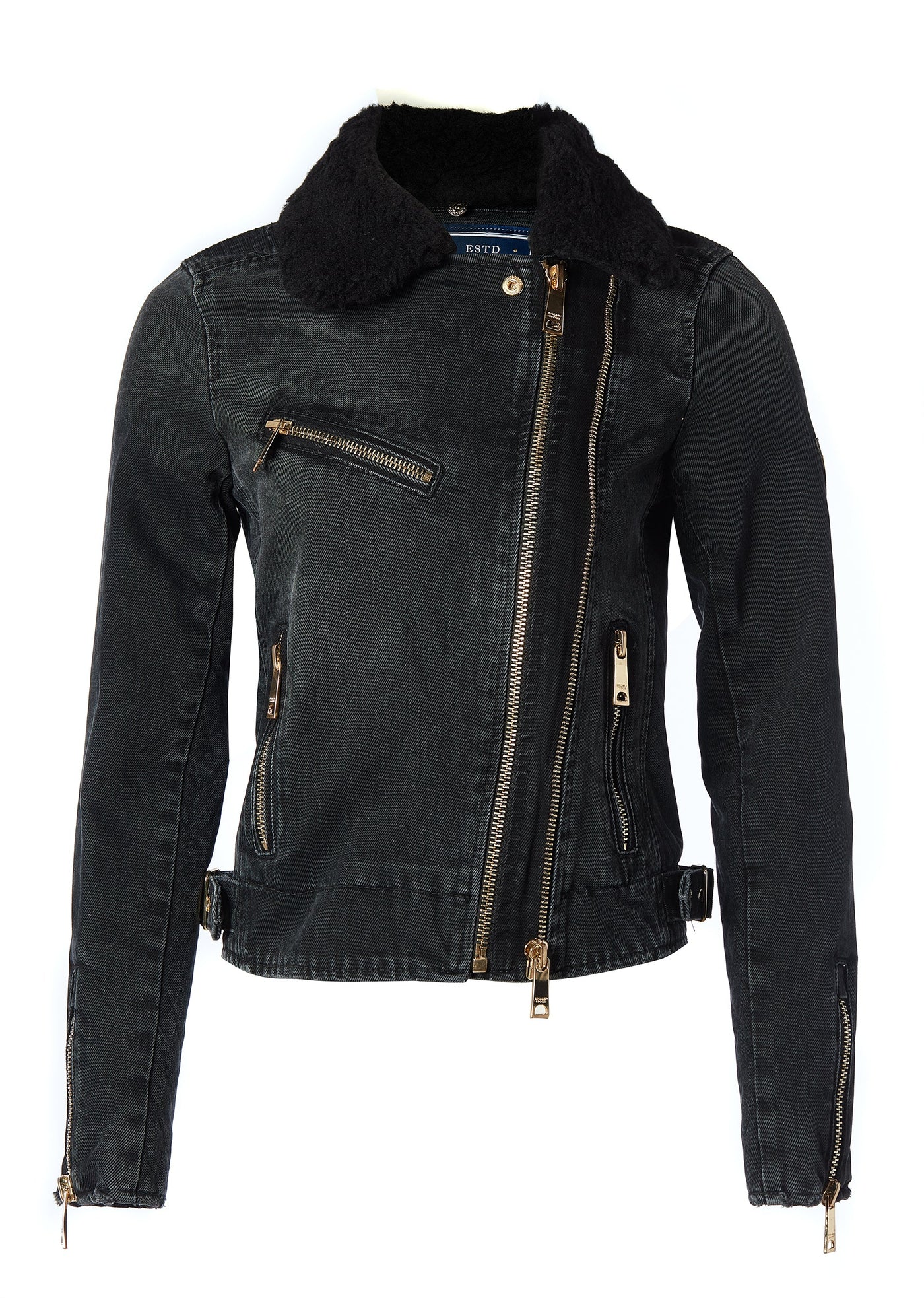 Denim Biker Jacket (Washed Black Sherpa)