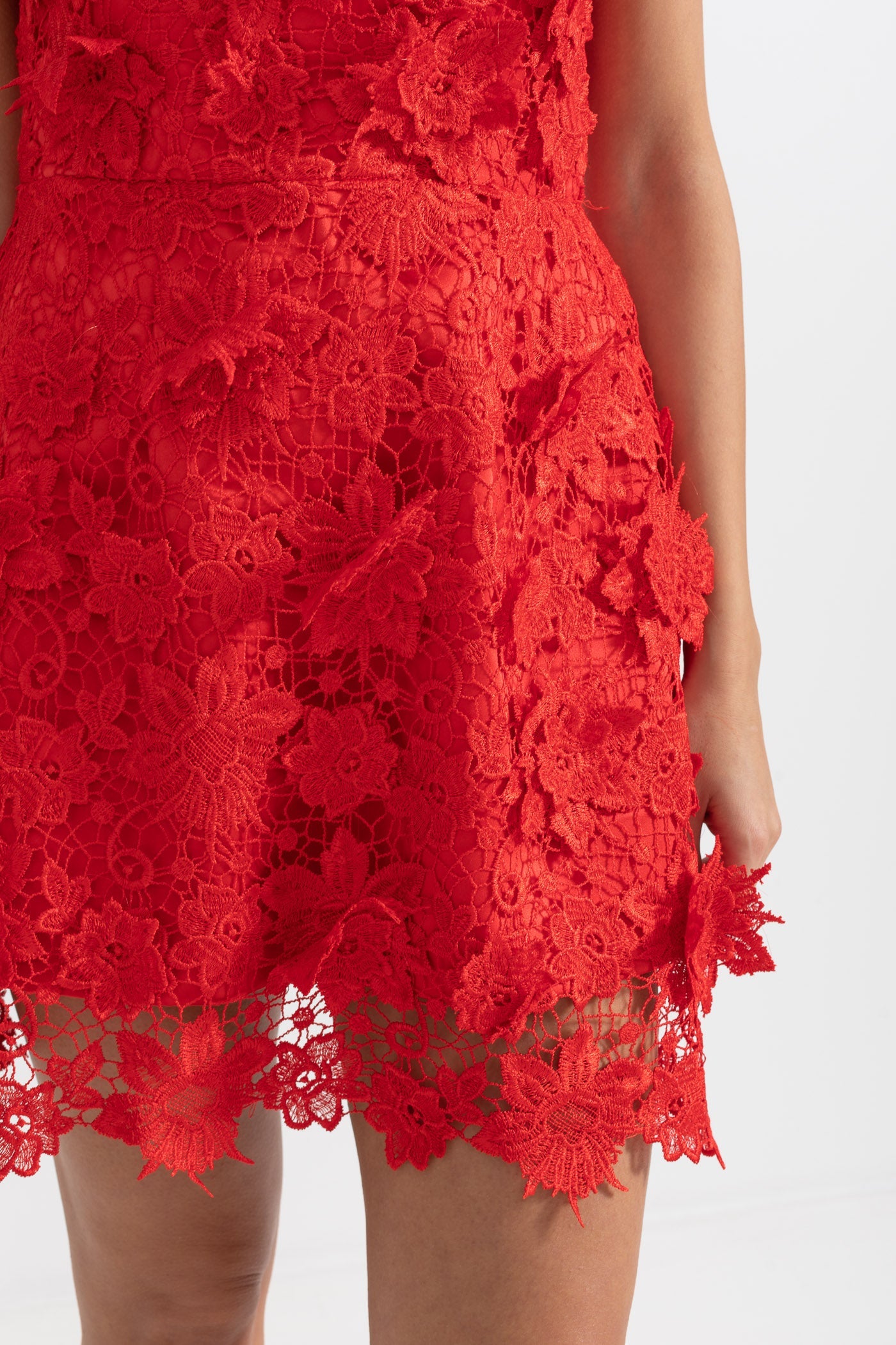 Elegant Mini Dress With Floral Lace Detailing - Red