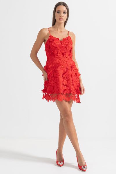 Elegant Mini Dress With Floral Lace Detailing - Red