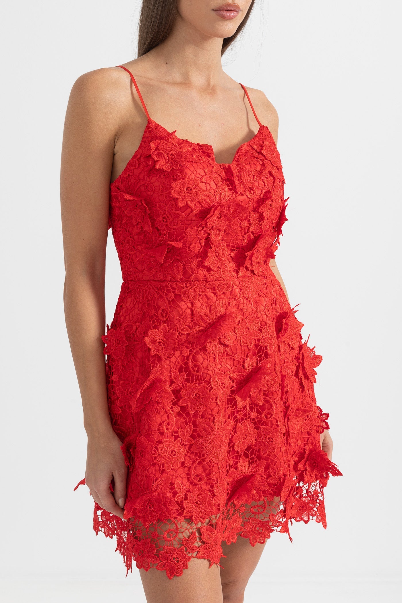 Elegant Mini Dress With Floral Lace Detailing - Red