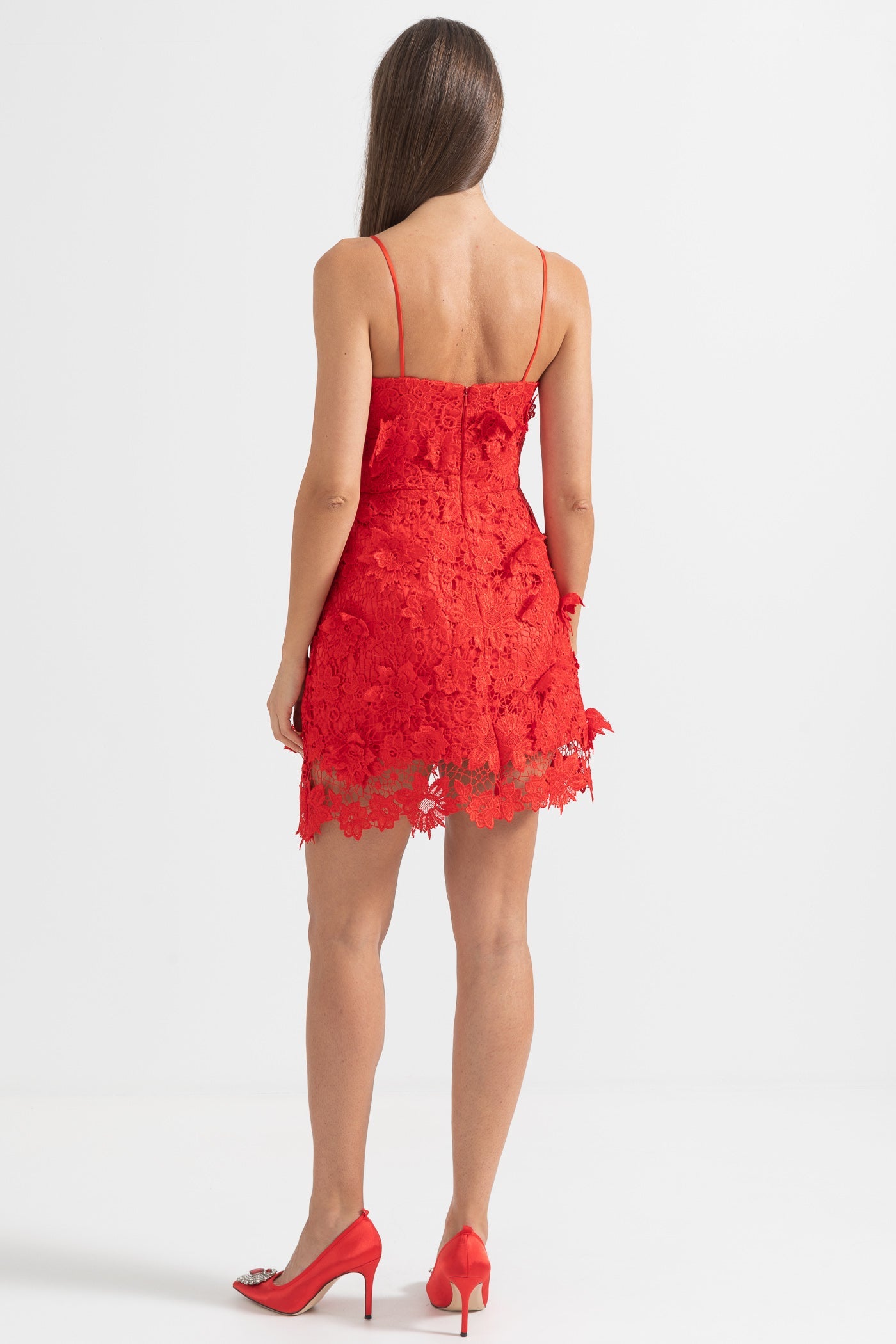 Elegant Mini Dress With Floral Lace Detailing - Red