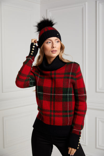 Knitted Bobble Hat (Red Tartan)