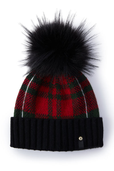 Knitted Bobble Hat (Red Tartan)