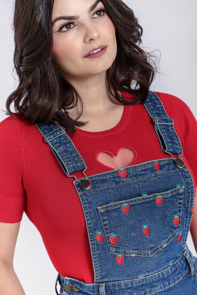 Strawberry Denim Pinafore Dress