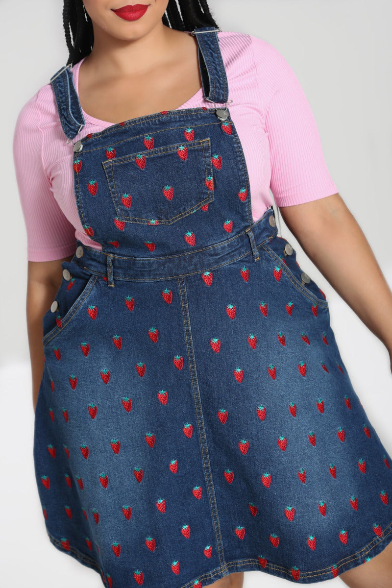 Strawberry Denim Pinafore Dress